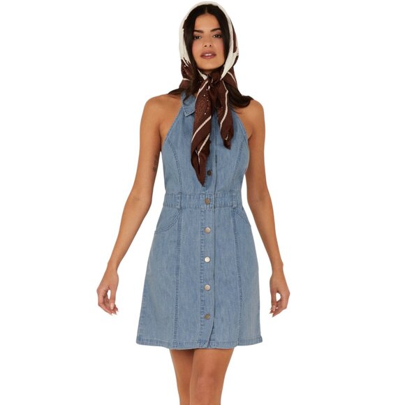 Free People Halter Denim Mini Dress – Medium – Button-Front, Open Back - Picture 4 of 12